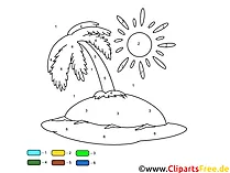 Malen nach Zahlen zum Ausdrucken PDF Insel, Palmen, Sonne