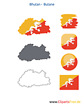 Bhutan Flagge mit Kontur-Karte, Fahne, Icon, Button