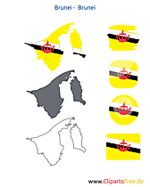 Brunei-Karte mit Flagge, Brunei Kontur mit Fahne, Icon, Button