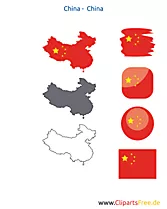 China-Karte mit Flagge, Kontur mit Fahne, Button, Icon, Druckvorlage