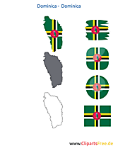 Dominika-Karte mit Flagge, Kontur mit Fahne, Button, Druckvorlage