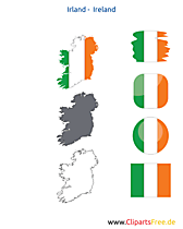 Irland-Karte mit Flagge, Kontur mit Fahne, Button, Icon, Druckvorlage