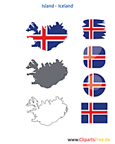 Island-Karte mit Flagge, Kontur mit Fahne, Button, Icon, Druckvorlage