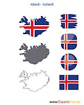 Island-Karte mit Flagge, Kontur mit Fahne, Button, Icon, Druckvorlage