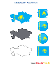Kasachstan-Karte mit Flagge, Kontur mit Fahne, Button, Druckvorlage