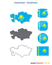 Kasachstan-Karte mit Flagge, Kontur mit Fahne, Button, Druckvorlage