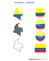 Kolumbien-Karte mit Flagge, Kontur mit Fahne, Button, Druckvorlage