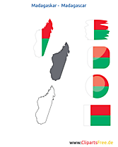 Madagaskar-Karte mit Flagge, Kontur mit Fahne, Button, Icon