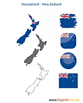 Neuseeland-Karte mit Flagge, Kontur mit Fahne, Button, Icon