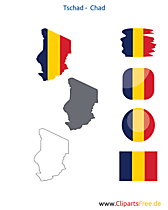 Tschad-Karte mit Flagge, Kontur mit Fahne, Button, Icon