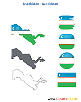 Usbekistan-Karte mit Flagge, Kontur mit Fahne, Button, Icon