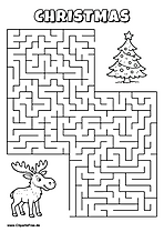 Hilf dem Elch, den Weg zum Weihnachtsbaum zu finden - Irrgarten, Rätsel zum Drucken