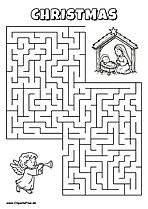 Hilf dem Engel, den Weg zur Weihnachtskrippe zu finden - Irrgarten, Rätsel zum Drucken