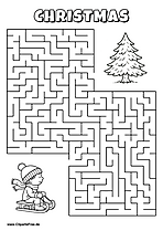 Hilf dem Jungen auf Schlitten, den Weg zum Tannenbaum zu finden - Irrgarten, Rätsel zum Drucken