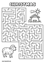 Hilf dem Schaf, den Weg zur Weihnachtskrippe zu finden - Irrgarten, Rätsel zum Drucken