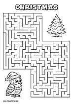 Hilf der Eule, den Weg zum Tannenbaum im Wald zu finden - Irrgarten, Rätsel zum Drucken