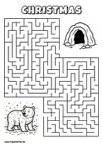Labyrinth-Rätsel zum Drucken 'Bär im Schnee sucht den Weg zur Höhle'