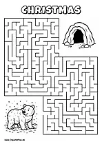 Labyrinth-Rätsel zum Drucken 'Bär im Schnee sucht den Weg zur Höhle'