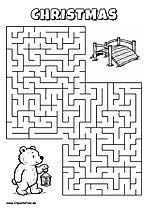 Labyrinth-Rätsel zum Drucken 'Bär mit Laterne sucht den Weg zur Holzbrücke'