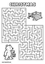 Labyrinth-Rätsel zum Drucken 'Bär mit Laterne sucht den Weg zur Holzbrücke'