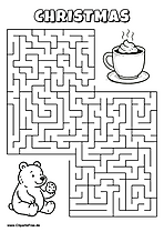 Labyrinth-Rätsel zum Drucken 'Bär mit Plätzchen sucht den Weg zur Kakaotasse'