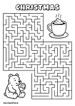 Labyrinth-Rätsel zum Drucken 'Bär mit Plätzchen sucht den Weg zur Kakaotasse'