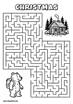 Labyrinth-Rätsel zum Drucken 'Bär mit Rucksack sucht den Weg zur Waldhütte'