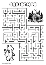 Labyrinth-Rätsel zum Drucken 'Bär mit Rucksack sucht den Weg zur Waldhütte'