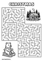 Labyrinth-Rätsel zum Drucken 'Bär mit Schlitten sucht den Weg zur Waldhütte'