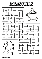 Labyrinth-Rätsel zum Drucken 'Bär mit Weihnachtsmütze sucht den Weg zur Kakaotasse'