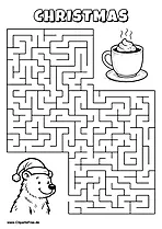 Labyrinth-Rätsel zum Drucken 'Bär mit Weihnachtsmütze sucht den Weg zur Kakaotasse'