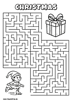 Labyrinth-Rätsel zum Drucken 'Elf auf Schlittschuhen sucht den Weg zum Weihnachtsgeschenk'
