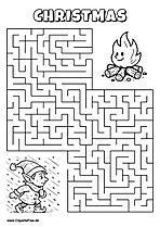 Labyrinth-Rätsel zum Drucken 'Elf im Schneesturm sucht den Weg zur Feuerstelle'