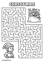Labyrinth-Rätsel zum Drucken 'Elf mit Mütze sucht den Weg zum Sack voller Spielzeug'
