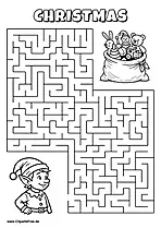 Labyrinth-Rätsel zum Drucken 'Elf mit Mütze sucht den Weg zum Sack voller Spielzeug'