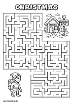 Labyrinth-Rätsel zum Drucken 'Elf mit Rucksack sucht den Weg zur Werkstatt am Nordpol'