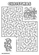 Labyrinth-Rätsel zum Drucken 'Elf mit Rucksack sucht den Weg zur Werkstatt am Nordpol'
