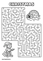 Labyrinth-Rätsel zum Drucken 'Elf mit Schneeschaufel sucht den Weg zum Iglu im Schnee'