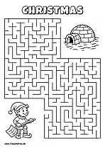 Labyrinth-Rätsel zum Drucken 'Elf mit Schneeschaufel sucht den Weg zum Iglu im Schnee'