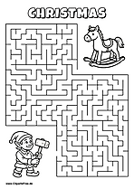 Labyrinth-Rätsel zum Drucken 'Elf sucht den Weg zum Holzschaukelpferd'