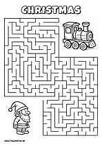Labyrinth-Rätsel zum Drucken 'Elf sucht den Weg zum Spielzeugzug'