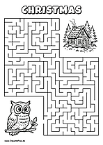 Labyrinth-Rätsel zum Drucken 'Eule auf Zweig sucht den Weg zum Waldhaus'
