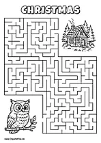 Labyrinth-Rätsel zum Drucken 'Eule auf Zweig sucht den Weg zum Waldhaus'