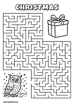 Labyrinth-Rätsel zum Drucken 'Eule im Schnee sucht den Weg zum Geschenk'