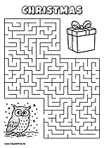 Labyrinth-Rätsel zum Drucken 'Eule im Schnee sucht den Weg zum Geschenk'