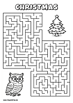 Labyrinth-Rätsel zum Drucken 'Eule mit Brille sucht den Weg zum Weihnachtsbaum'