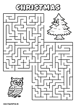 Labyrinth-Rätsel zum Drucken 'Eule mit Brille sucht den Weg zur Tanne'