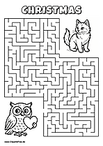 Labyrinth-Rätsel zum Drucken 'Eule mit Herz sucht den Weg zur Katze'