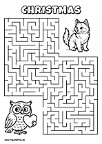 Labyrinth-Rätsel zum Drucken 'Eule mit Herz sucht den Weg zur Katze'