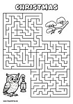 Labyrinth-Rätsel zum Drucken 'Eule mit Lampe sucht den Weg zum Ast'